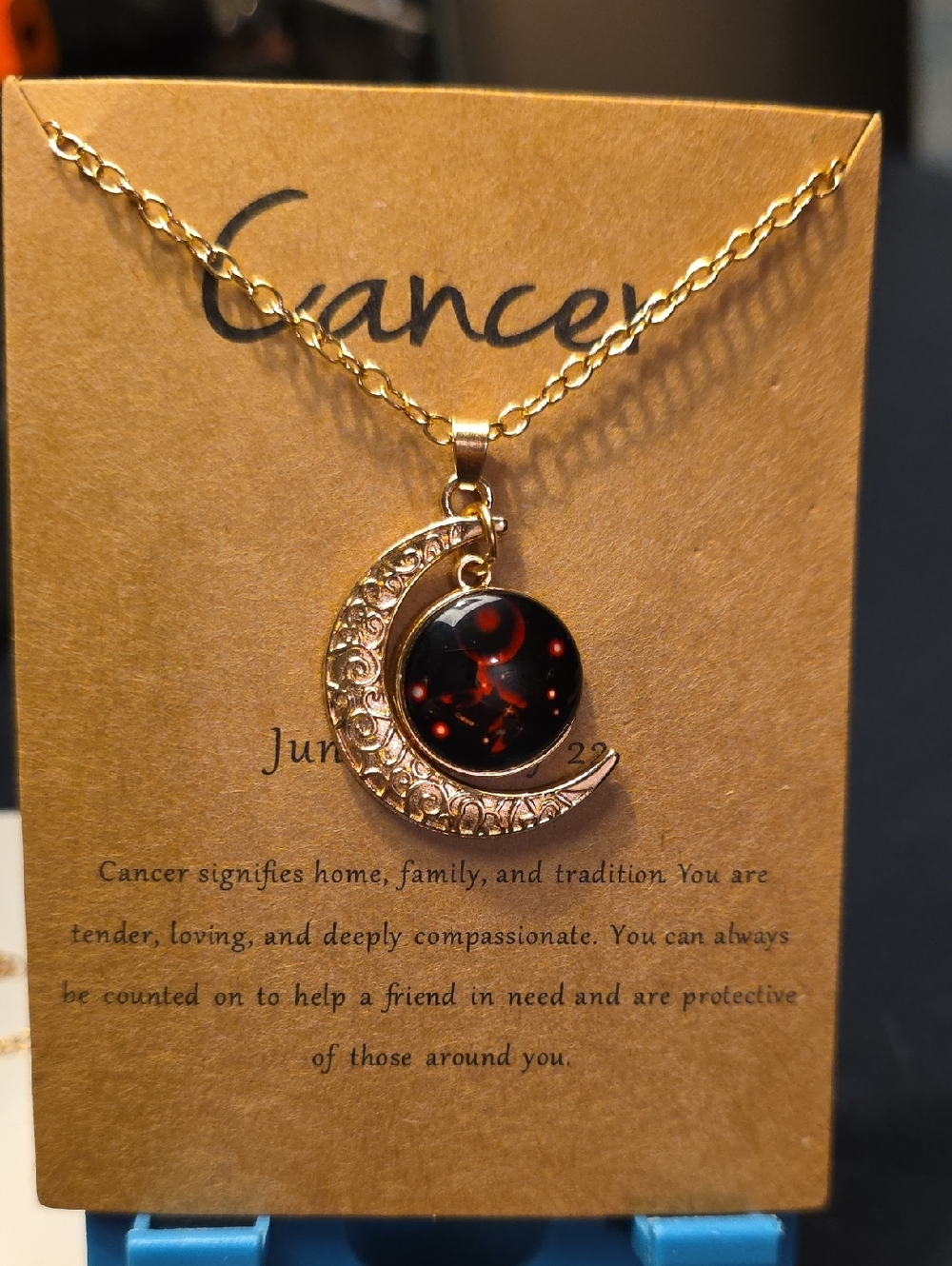 Gold Moon Pendant Necklace with Black & Red Glass Cabochon - Cancer Zodiac